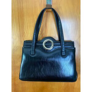 Vtg JR Black Leather Handbag‎ Top Handle Purse Made in USA